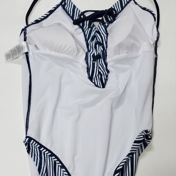 Nautica Navy Blue and White Lace Up Dock Lines One Piece Swimsuit Large - Picture 7 of 13